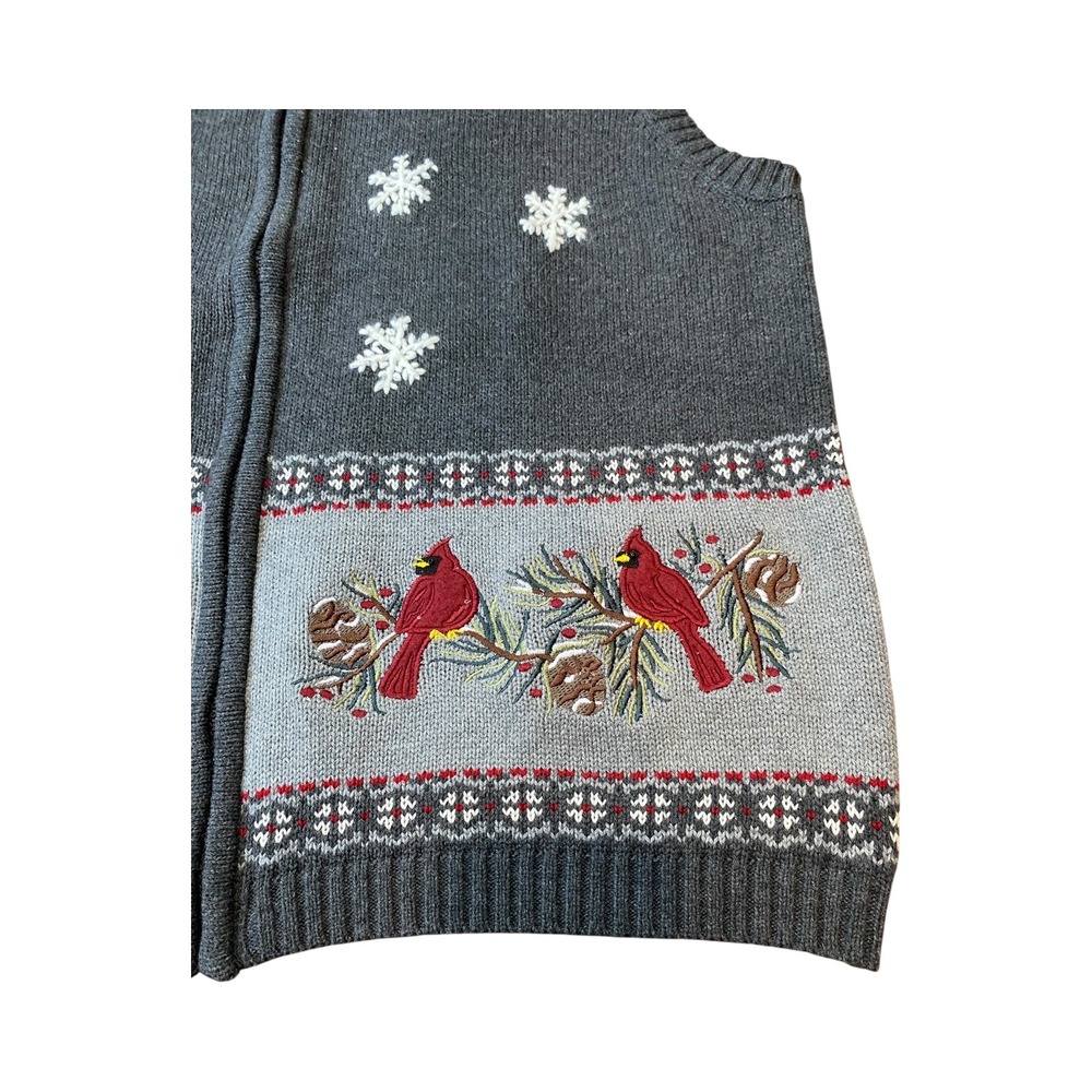 Southern Lady Cardigan Vest Large Gray Snowflake Cardinal Bird Knit‎ Full Zip - Picture 4 of 6